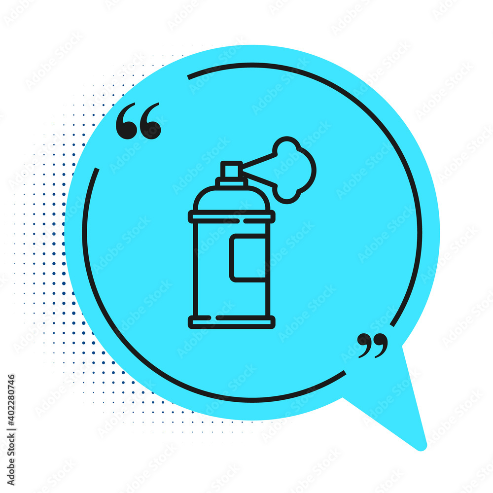 Black line Paint spray can icon isolated on white background. Blue speech bubble symbol. Vector. Black line Paint spray can icon isolated on white background. Blue speech bubble symbol. Vector.
