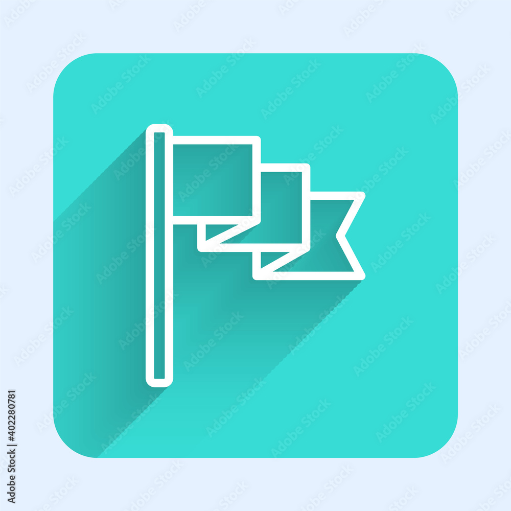 White line Flag icon isolated with long shadow. Location marker symbol. Green square button. Vector. White line Flag icon isolated with long shadow. Location marker symbol. Green square button. Vector.