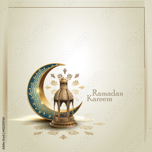 islamic greeetings ramadan kareem card design with lanterns and crescent photo