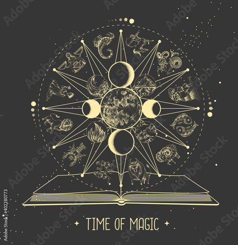 Modern magic witchcraft Astrology wheel with zodiac signs and open magic book. Zodiac constellations. Horoscope vector illustration