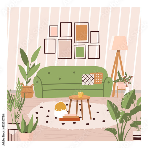 Scandinavian hygge style interior poster. Comfy furniture and home decorations set. Cozy living room or apartments with wardrobe, plant, vase, carpet, home elements. Flat vector illustration print