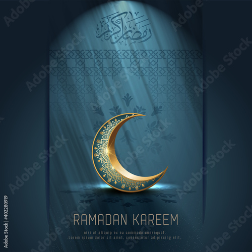 islamic greeetings ramadan kareem card design with beautiful crescent moon with ornament 