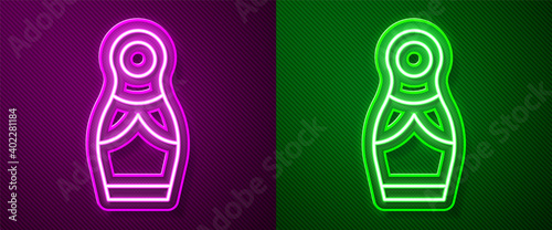 Glowing neon line Russian doll matryoshka icon isolated on purple and green background. Vector.