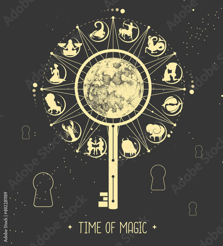 Modern magic witchcraft Astrology wheel with zodiac signs on space background. Magic key silhouette. Horoscope vector illustration