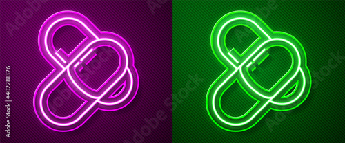 Glowing neon line Sports nutrition bodybuilding proteine power drink and food icon isolated on purple and green background. Vector.