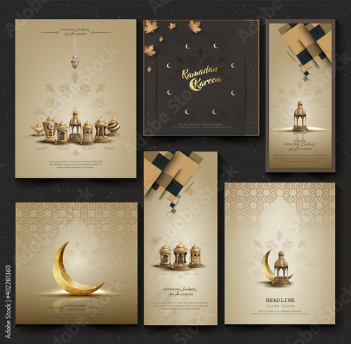 set of islamic greetings ramadan kareem cards design with lanterns and crescent
