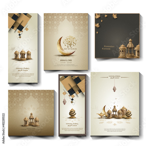 set of islamic greetings ramadan kareem cards design with lanterns, magic lamp, and crescent moon