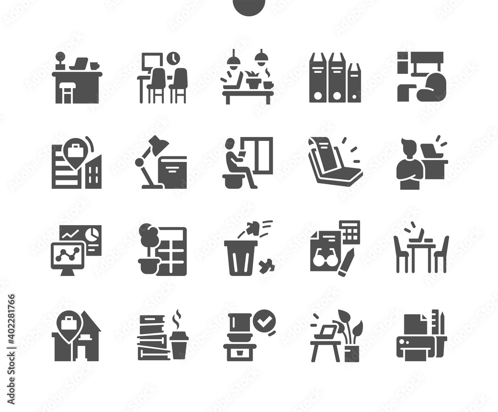 Workplace. Company's building, office. Work at home. Printer and laptop. Working materials. Lamp on the table. Vector Solid Icons. Simple Pictogram
