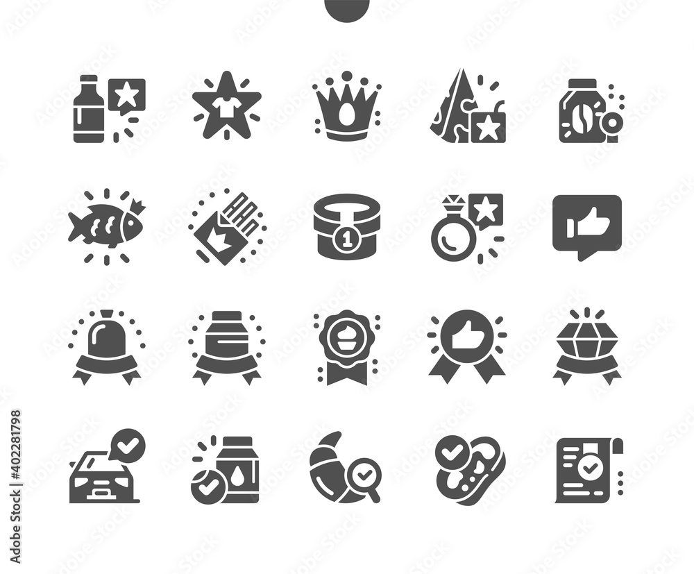 Premium Quality. Best choise. Quality luxury mark. Premium coffee, food, clothing, chocolate, fish, baking, jewel and car. Vector Solid Icons. Simple Pictogram