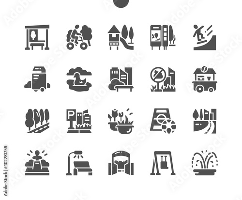 City Park. Beautiful places for relaxation and entertainment. Fountain, flowers, playground and skateboarding. Coffee shop. Street lamp. Vector Solid Icons. Simple Pictogram