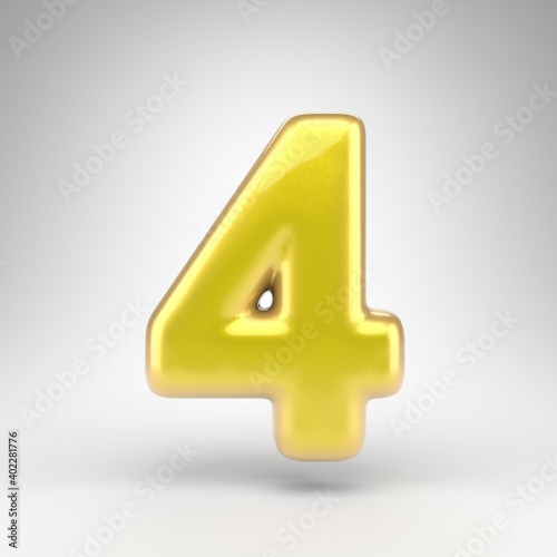 Number 4 on white background. Yellow car paint 3D number with glossy metallic surface.