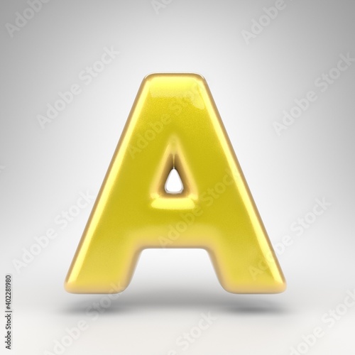 Letter A uppercase on white background. Yellow car paint 3D letter with glossy metallic surface.