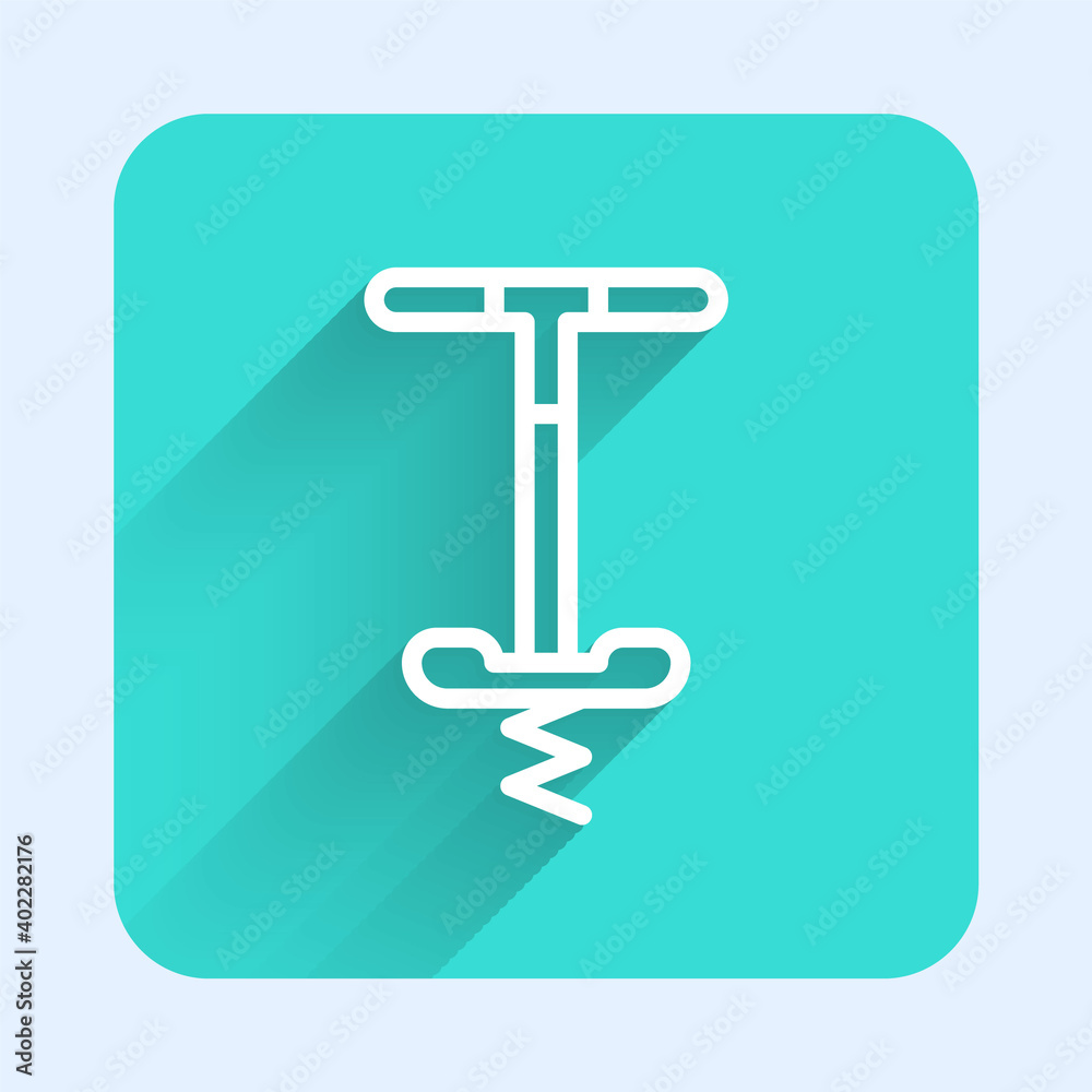 White line Pogo stick jumping toy icon isolated with long shadow. Green square button. Vector. White line Pogo stick jumping toy icon isolated with long shadow. Green square button. Vector.