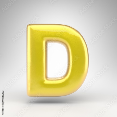 Letter D uppercase on white background. Yellow car paint 3D letter with glossy metallic surface.