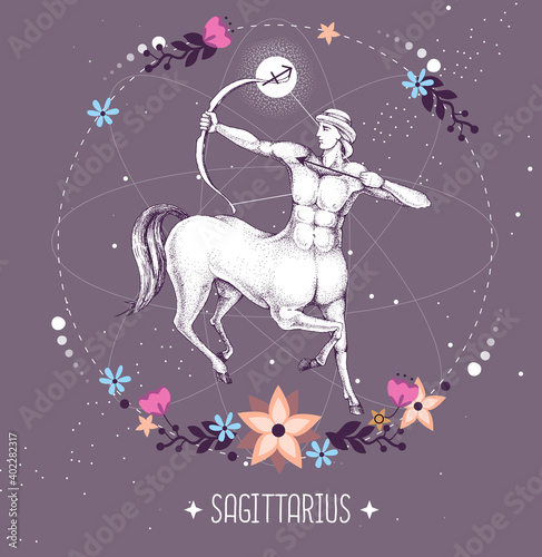 Modern magic witchcraft card with astrology Sagittarius zodiac sign. Realistic hand drawing centaur with Bow and arrow.