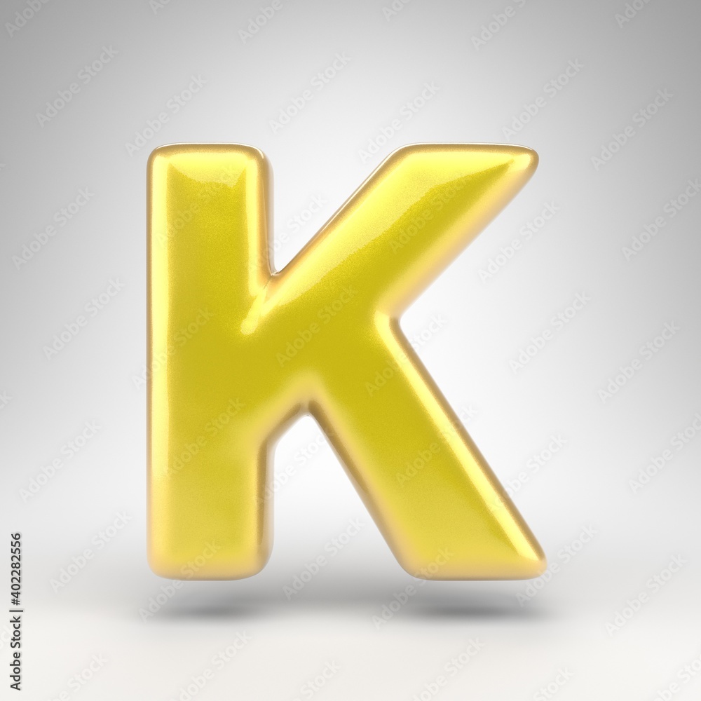 Letter K uppercase on white background. Yellow car paint 3D letter with glossy metallic surface.