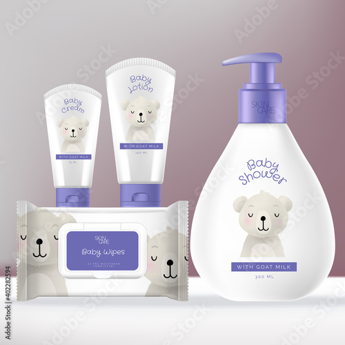 Vector Baby Toiletries or Skincare Packaging Bundle with Shampoo or Baby Wash Pump Bottle, Face and Hand Cream tube and Baby Wipes Foil Sachet Pack. Bear Illustration Print.