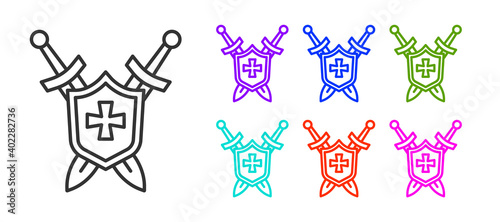 Black line Medieval shield with crossed swords icon isolated on white background. Set icons colorful. Vector.