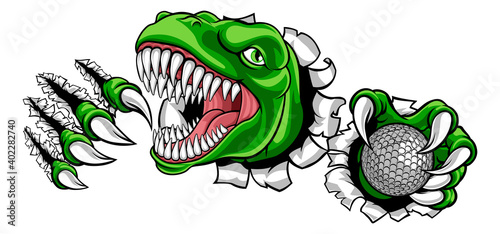 A dinosaur T Rex or raptor golf player cartoon animal sports mascot holding a ball in its claw