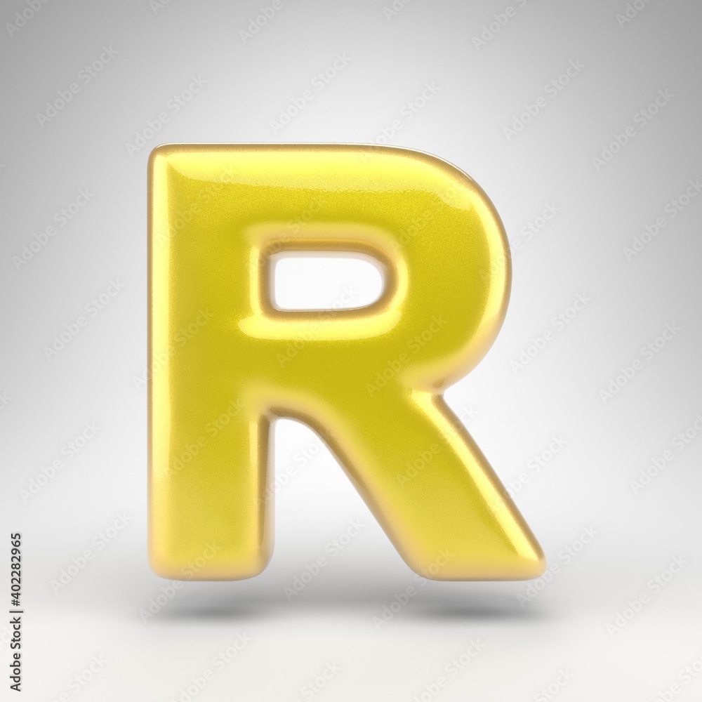 Letter R uppercase on white background. Yellow car paint 3D letter with glossy metallic surface. Letter R uppercase on white background. Yellow car paint 3D letter with glossy metallic surface.