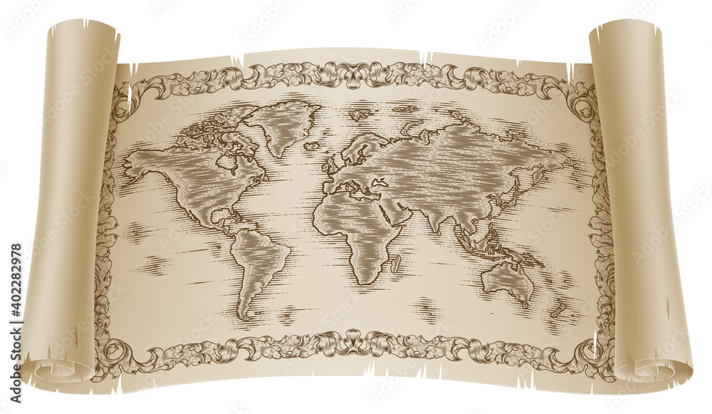 A world map on a paper scroll banner or parchment in a vintage woodcut ...