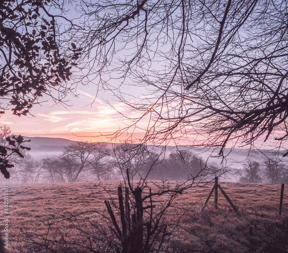 A frozen misty field at sunrise. The layers mist settle over the lower ground across a classic British countryside view at sunrise in winter. A frozen misty field at sunrise. The layers mist settle over the lower ground across a classic British countryside view at sunrise in winter.