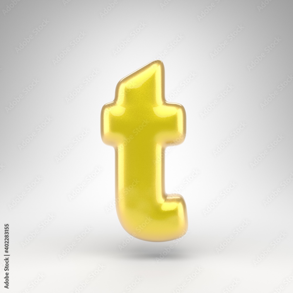 Obraz premium Letter T lowercase on white background. Yellow car paint 3D letter with glossy metallic surface.
