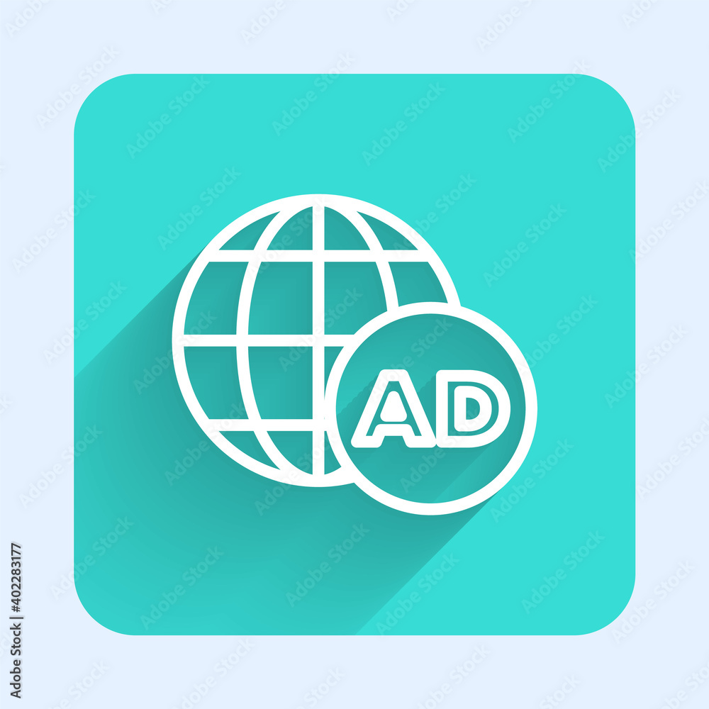 White line Advertising icon isolated with long shadow. Concept of marketing and promotion process. Responsive ads. Social media advertising. Green square button. Vector. White line Advertising icon isolated with long shadow. Concept of marketing and promotion process. Responsive ads. Social media advertising. Green square button. Vector.