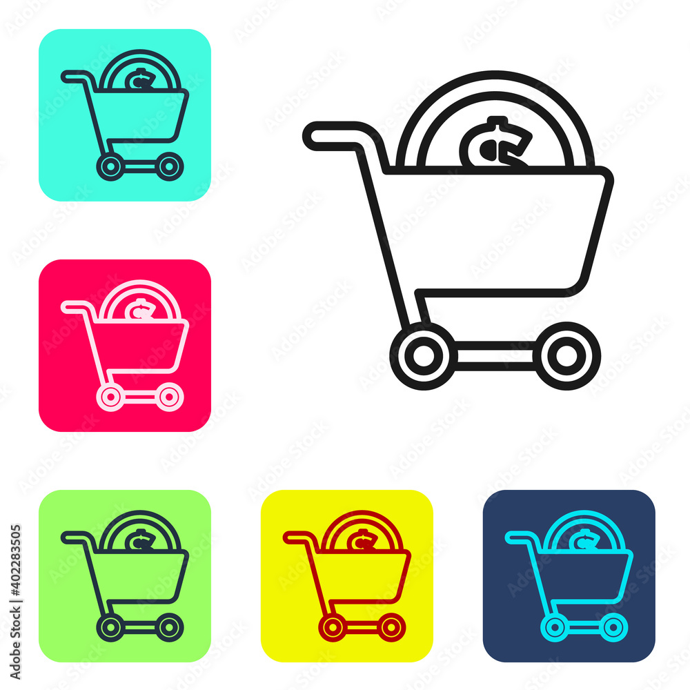 Black line Shopping cart and dollar symbol icon isolated on white background. Online buying concept. Delivery service. Supermarket basket. Set icons in color square buttons. Vector.