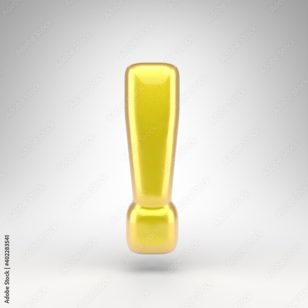 Exclamation point symbol on white background. Yellow car paint 3D sign with glossy metallic surface. Exclamation point symbol on white background. Yellow car paint 3D sign with glossy metallic surface.