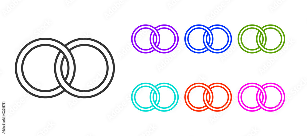 Black line Wedding rings icon isolated on white background. Bride and groom jewelry sign. Marriage symbol. Diamond ring. Set icons colorful. Vector. Black line Wedding rings icon isolated on white background. Bride and groom jewelry sign. Marriage symbol. Diamond ring. Set icons colorful. Vector.