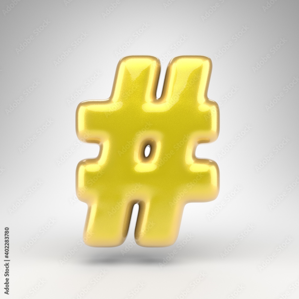 Obraz premium Hashtag symbol on white background. Yellow car paint 3D sign with glossy metallic surface.