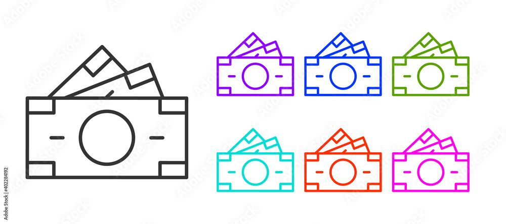 Black line Stacks paper money cash icon isolated on white background. Money banknotes stacks. Bill currency. Set icons colorful. Vector.