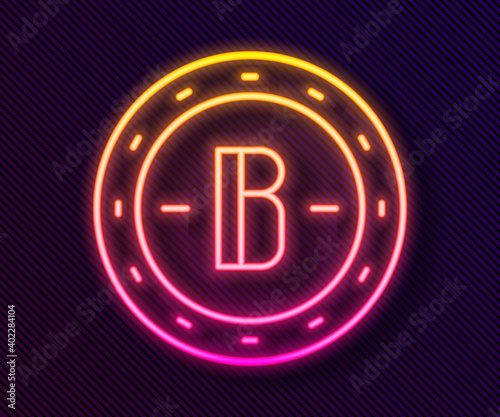 Glowing neon line Cryptocurrency coin Bitcoin icon isolated on black background. Physical bit coin. Blockchain based secure crypto currency. Vector.