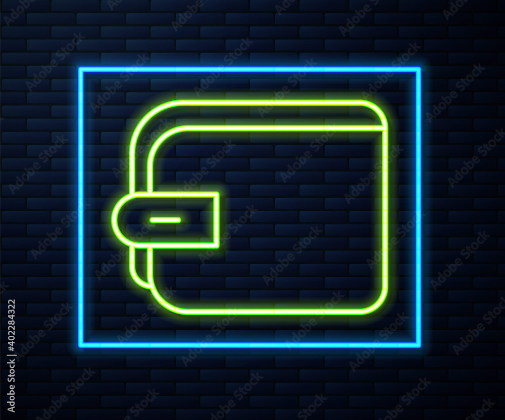 Glowing neon line Wallet icon isolated on brick wall background. Purse icon. Cash savings symbol. Vector. Glowing neon line Wallet icon isolated on brick wall background. Purse icon. Cash savings symbol. Vector.