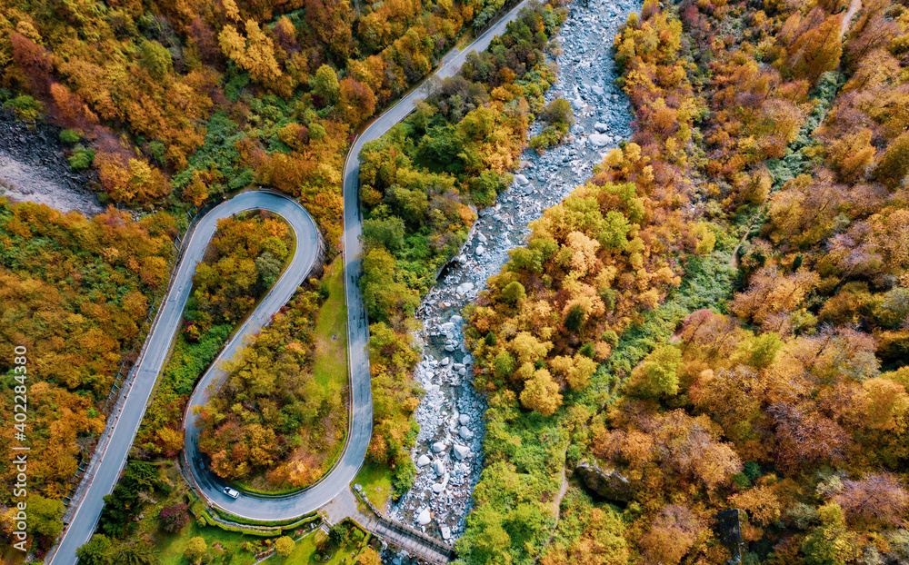 autumn aerial view of the road in Valmasino, Italy