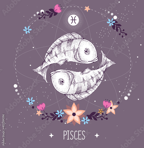 Fototapet Modern magic witchcraft card with astrology Pisces zodiac sign