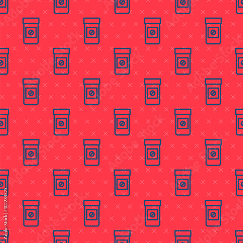 Blue line Sports doping, anabolic drugs icon isolated seamless pattern on red background. Anabolic steroids tablet. Pills in jar. Vector.