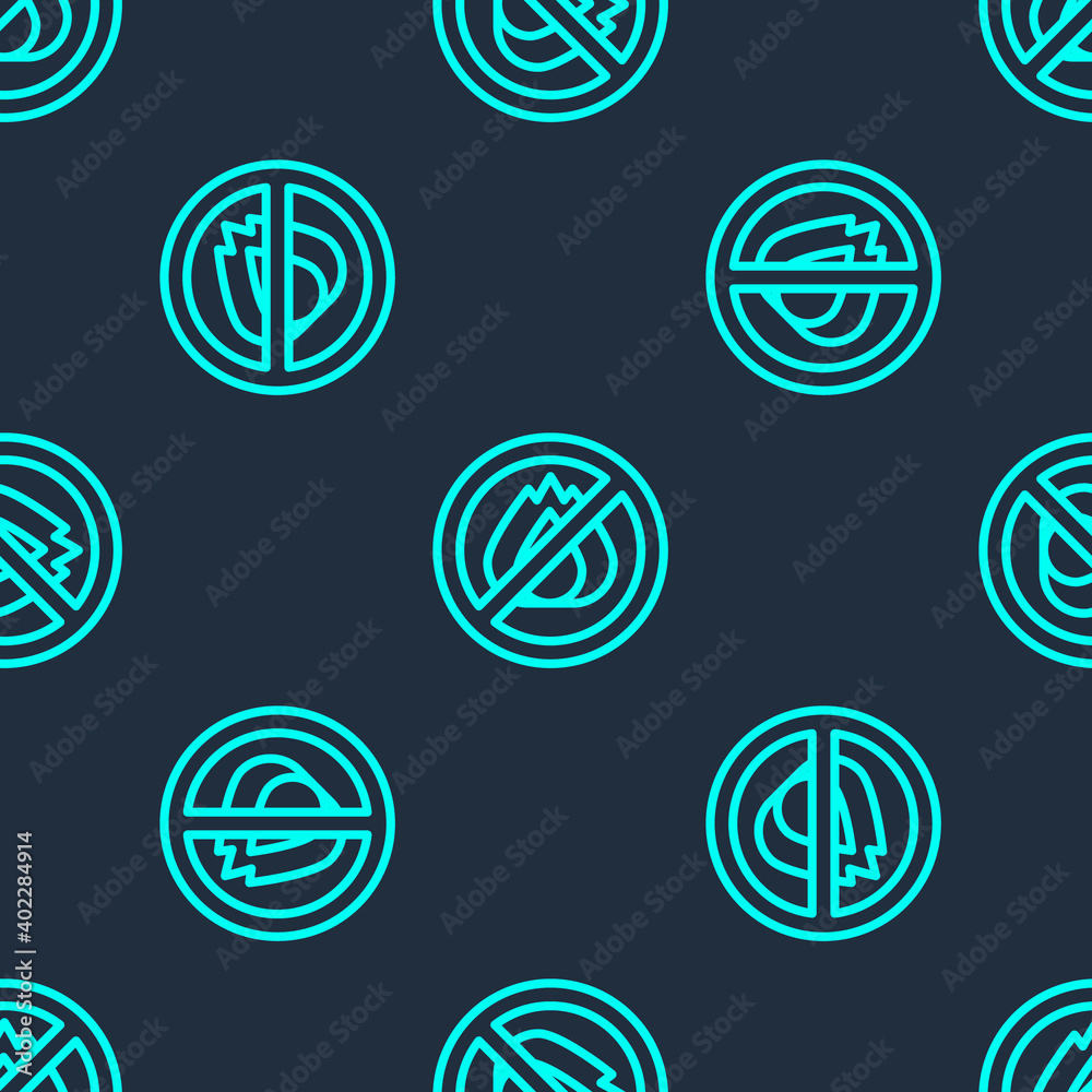 Green line No fire icon isolated seamless pattern on blue background. Fire prohibition and forbidden. Vector. Green line No fire icon isolated seamless pattern on blue background. Fire prohibition and forbidden. Vector.