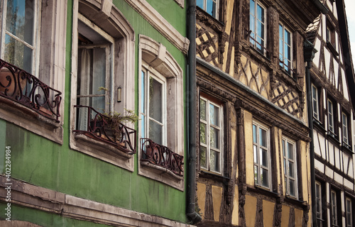 Colorful, ancient house facades in the historic city of Strasbourg, France. 