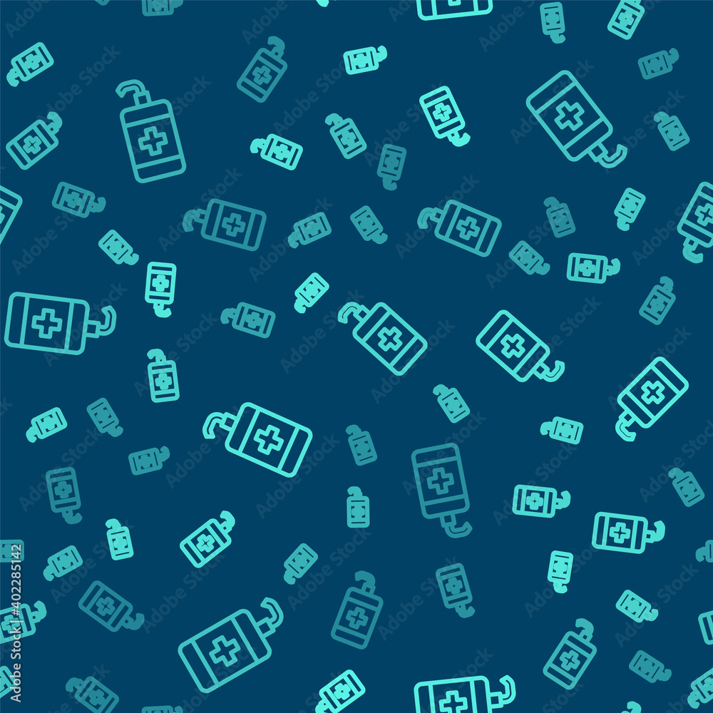 Green line Hand sanitizer bottle icon isolated seamless pattern on blue background. Disinfection concept. Washing gel. Alcohol bottle for hygiene. Vector. Green line Hand sanitizer bottle icon isolated seamless pattern on blue background. Disinfection concept. Washing gel. Alcohol bottle for hygiene. Vector.