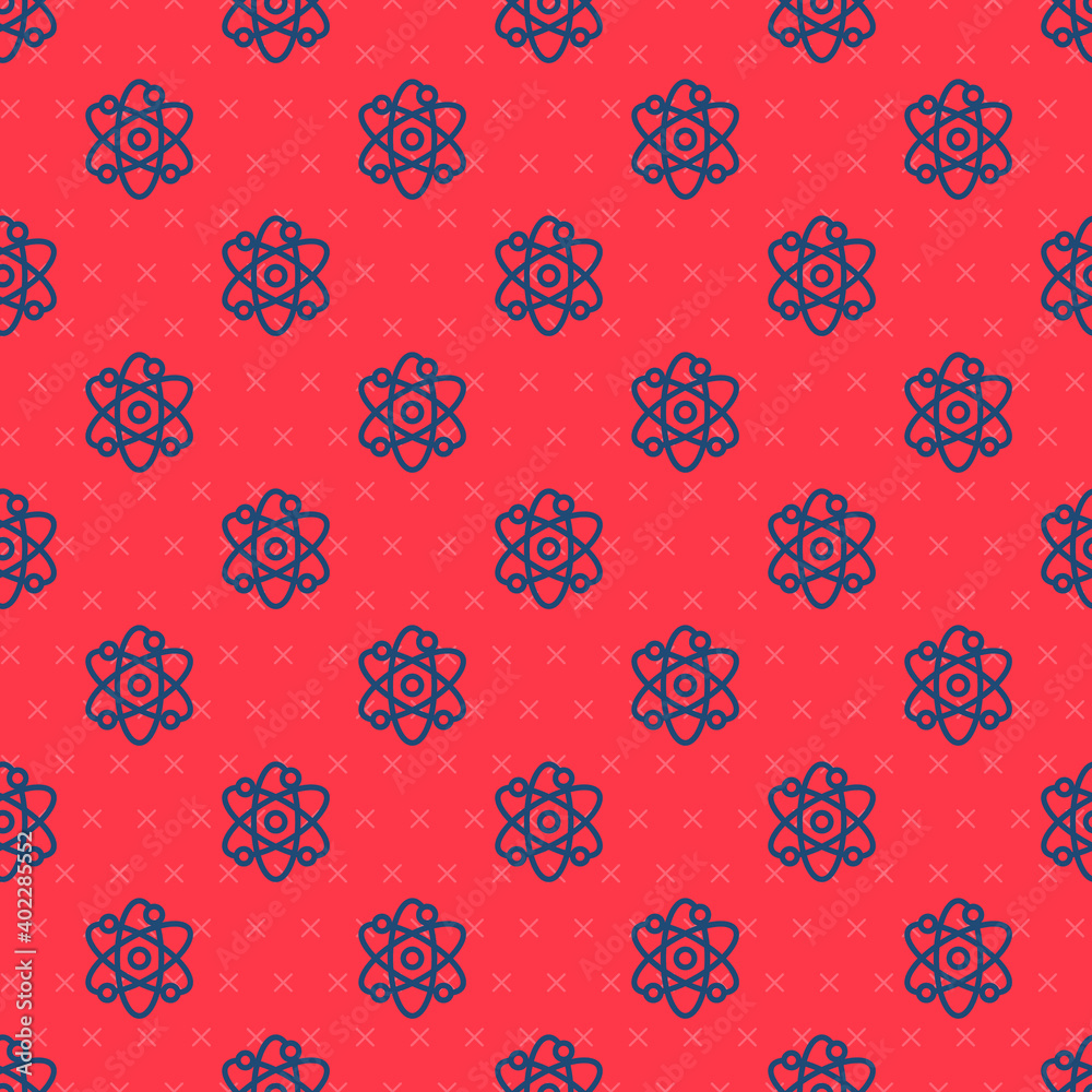 Blue line Atom icon isolated seamless pattern on red background. Symbol of science, education, nuclear physics, scientific research. Vector. Blue line Atom icon isolated seamless pattern on red background. Symbol of science, education, nuclear physics, scientific research. Vector.