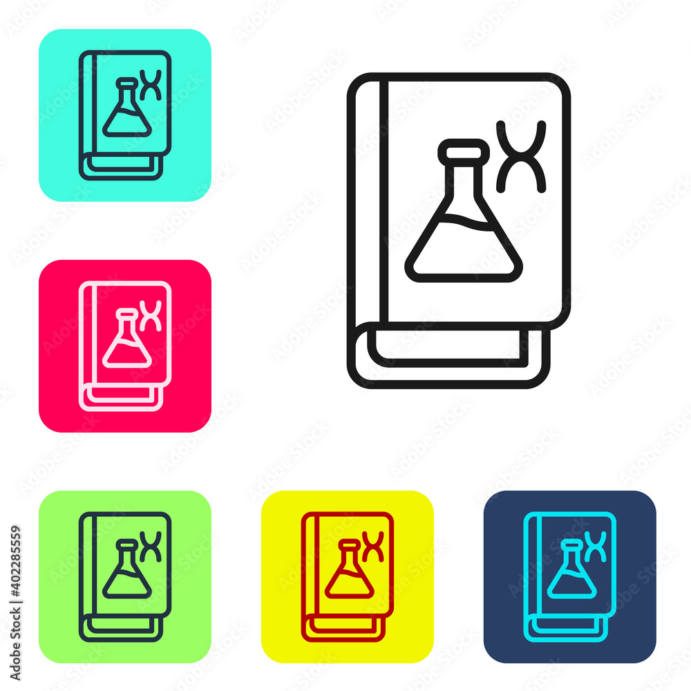 Black line Genetic engineering book icon isolated on white background. DNA symbol. Set icons in color square buttons. Vector. Black line Genetic engineering book icon isolated on white background. DNA symbol. Set icons in color square buttons. Vector.