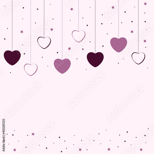 Illustration of cute hearts hang surrounded by stars, background for congratulations on Valentine's Day