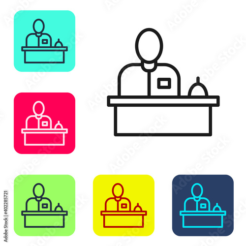 Black line Receptionist standing at hotel reception desk icon isolated on white background. Set icons in color square buttons. Vector.