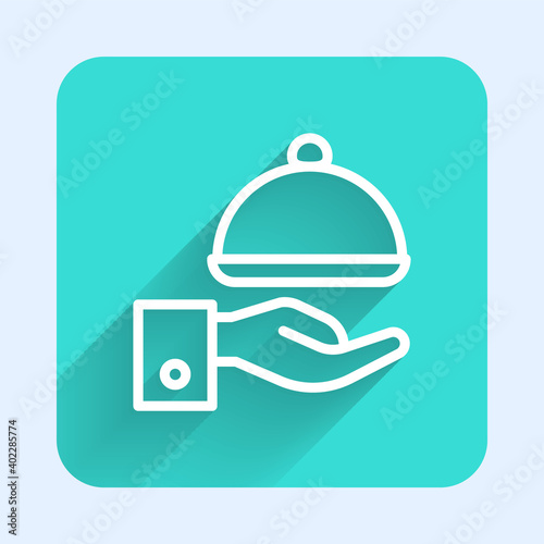 White line Covered with a tray of food icon isolated with long shadow. Tray and lid sign. Restaurant cloche with lid. Green square button. Vector.