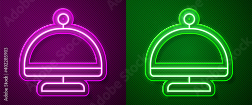 Glowing neon line Covered with a tray of food icon isolated on purple and green background. Tray and lid sign. Restaurant cloche with lid. Vector.