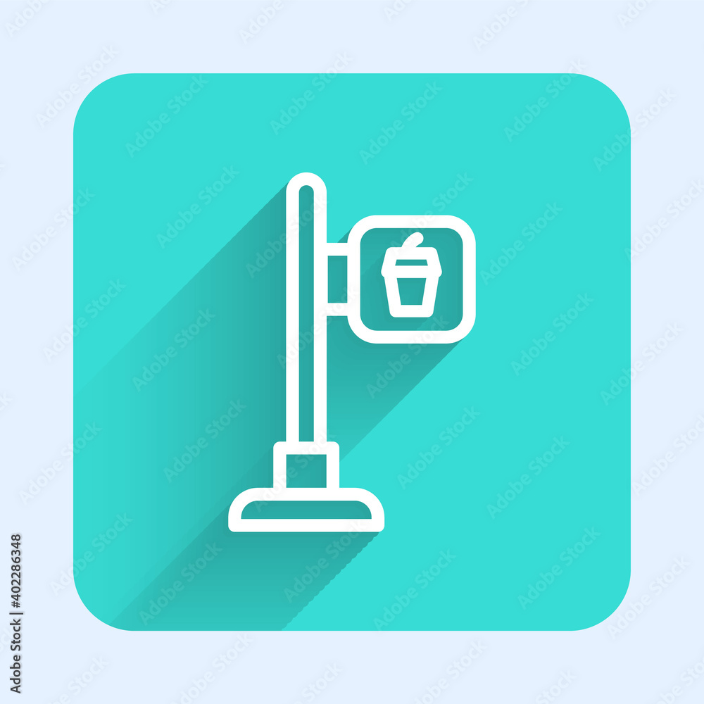 White line Cafe and restaurant location icon isolated with long shadow. Fork and spoon eatery sign inside pinpoint. Green square button. Vector.. White line Cafe and restaurant location icon isolated with long shadow. Fork and spoon eatery sign inside pinpoint. Green square button. Vector..