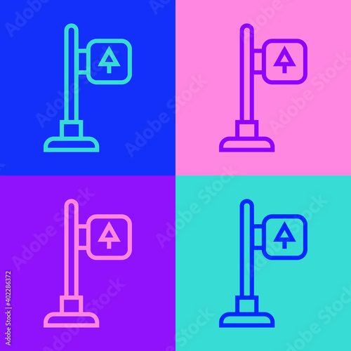 Pop art line Road traffic sign. Signpost icon isolated on color background. Pointer symbol. Street information sign. Direction sign. Vector.