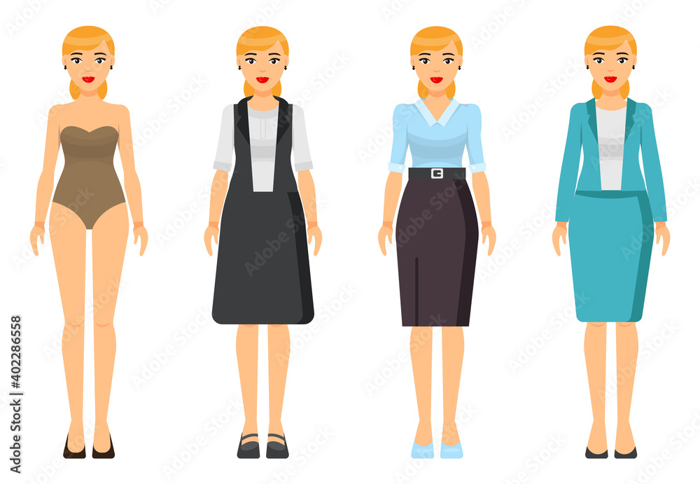Cartoon characters. Woman blond with short haircut wearing different clothes. Girl in underwear. Businesslady wear business and home dress, skirt and blouse, office suit with jacket. Set of clothes Cartoon characters. Woman blond with short haircut wearing different clothes. Girl in underwear. Businesslady wear business and home dress, skirt and blouse, office suit with jacket. Set of clothes
